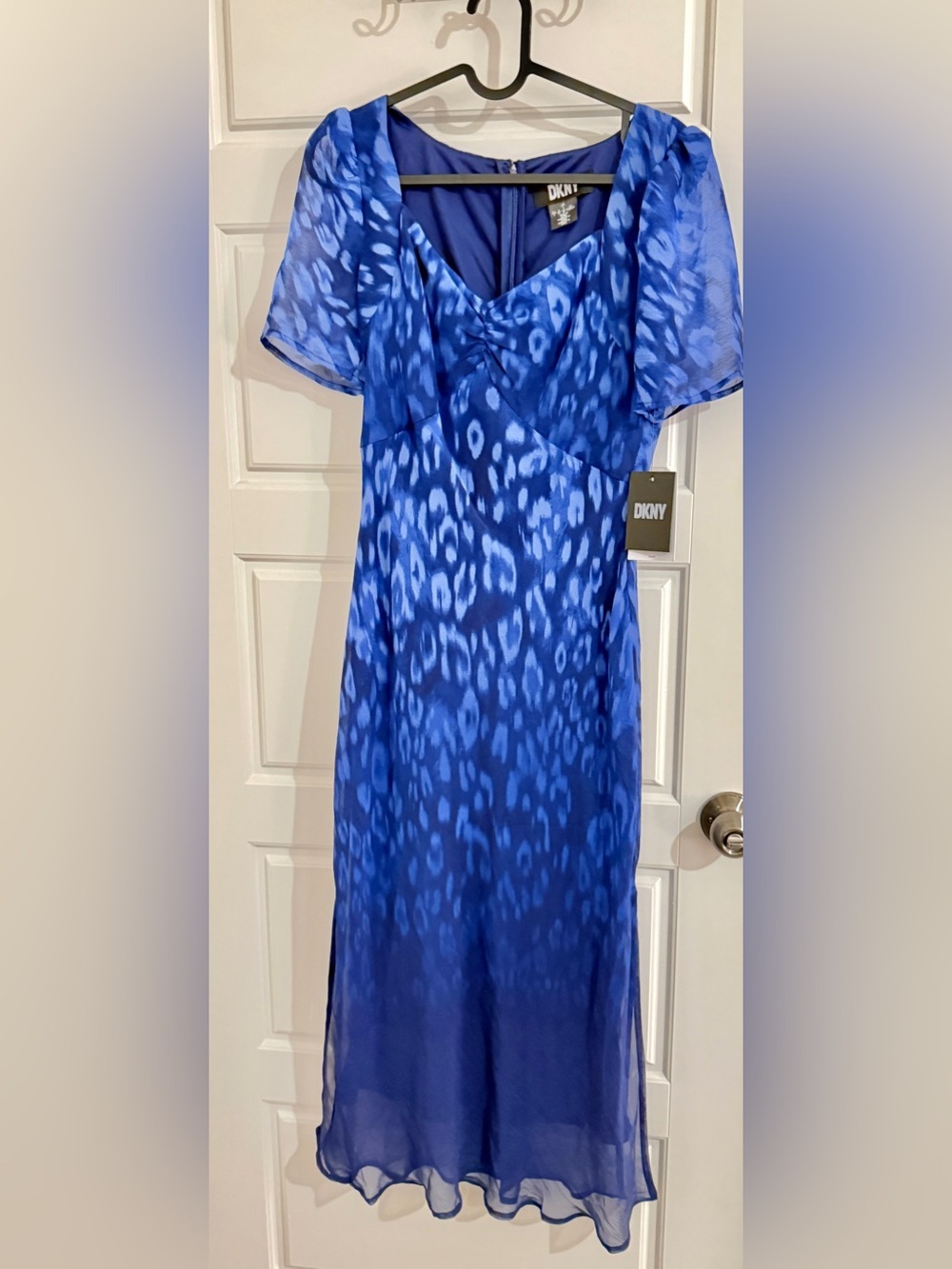 Dkny Blue Women's Short Sleeve Sweetheart Neck Lined Side Slit Midi Dress - Picture 8 of 12